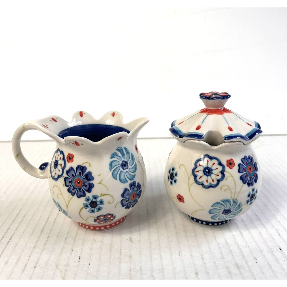 Anthropologie Creamer Sugar Bowl and NO Spoon Floral Flower Green Vine Pattern